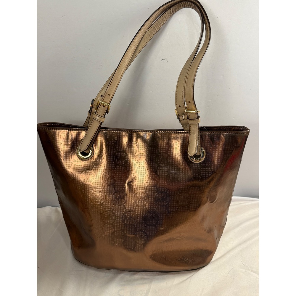 Michael Kors Jet Set Metallic Bronze Patent Logo Tote Bag Gold Hardware